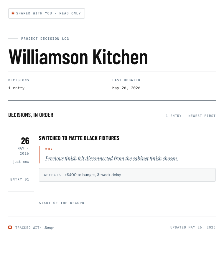 Client-facing decision log showing project name, date rail, and captured reasoning